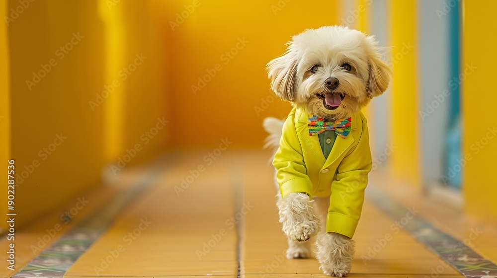 Aufkleber happy dog leaping joyfully in a vivid green leather suit and colorful leather bowtie leaving signifi