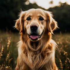Obraz premium A Golden dog with a long haircut is sitting in a field.