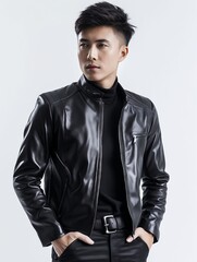 Fototapeta premium A man wearing a black leather jacket and black pants
