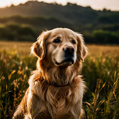 Obraz premium A Golden dog with a long haircut is sitting in a field.