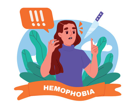 Woman afraid of blood. Shocked young girl cut herself with knife. Person suffers from hemophobia. Irrational fear and distress. Mental and psychological problems. Flat vector illustration
