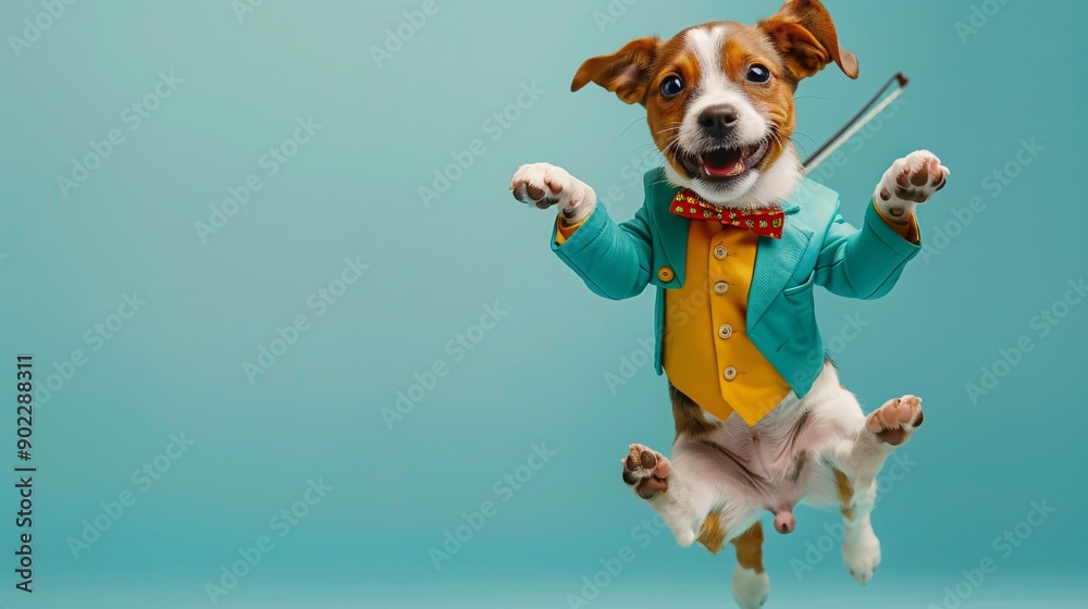 Poster energetic dog jumping high in a bright turquoise leather suit playing a violin with colorful leather