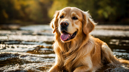 Obraz premium A Golden dog with a long haircut is sitting in a field.