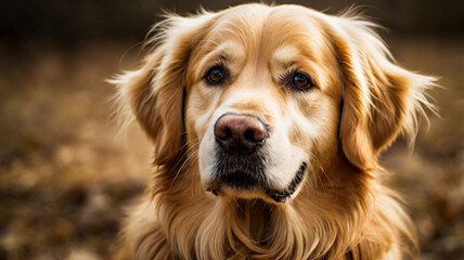 Obraz premium A Golden dog with a long haircut is sitting in a field.