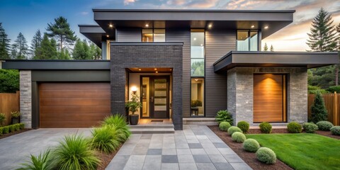 Fototapeta premium Modern residential exterior featuring dark ceramic tile siding, sleek lines, and a majestic tall front door, set amidst lush green surroundings and natural light.