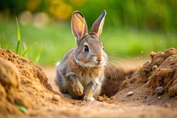 Fototapeta premium Fluffy rabbit digs energetically near burrow entrance, sending dirt flying, its little paws moving swiftly as it creates a new hiding spot or escape route.