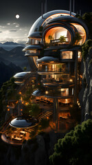 A futuristic, multi-level home perched precariously on a cliffside, glowing with warm interior light against a dark, moonlit sky.