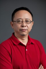 Obraz premium A man in a red polo shirt with his arms crossed