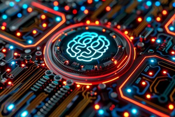 Fototapeta premium Advanced Circuit Board with Glowing Brain Neural Network in High Tech Setting