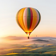 Colorful hot air balloon soaring over misty green hills at sunrise, creating a serene and picturesque landscape view.