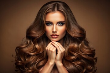 Fototapeta premium Highend studio portrait of a model sporting luxurious brown hair, with a seamless, smooth background that draws attention to her hair s vibrant tone and silkiness