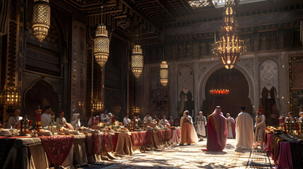 A grand feast takes place in a palatial hall adorned with ornate chandeliers and intricate carvings.
