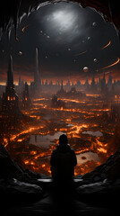 A lone figure sits atop a rocky cliff overlooking a futuristic cityscape illuminated by glowing orange lights, all under a night sky with a bright white celestial body and orbiting planets.