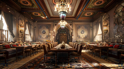 Obraz premium Luxurious dining room with ornate decor and intricate patterns.
