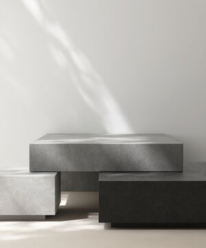 Fototapeta Gray and black geometric shape natural rock stone platform in dappled sunlight on white wall for beauty, cosmetic, skincare product podium background 3D