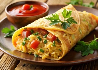 Crispy golden brown omelette wraps around a savory filling of fried rice, garnished with a dollop of bright red ketchup and fresh parsley leaves.