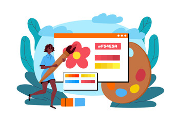 Graphic designer woman. Young girl with paint draws picture. Freelancer and designer work on internet. Person with online earnings. Flat vector illustration isolated on white background