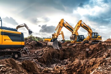 Obraz premium Construction site bustling with excavators in action, highlighting their powerful capabilities.