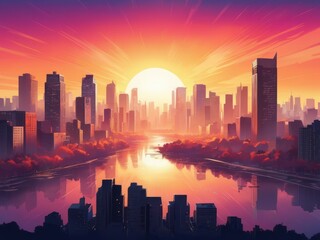 Fototapeta premium City skyline at dusk, colorful urban sunset background. Could be used for wall art, graphic design projects, stationery products