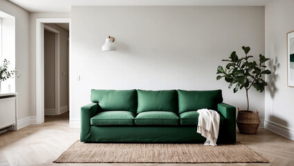 Scandinavian minimalist green sofa in the living room with neutral colored walls and wooden floors.