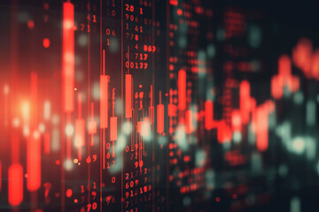 Stock Market Graph with Downward Arrow on Dark Blurry Background, Highlighting Falling Prices with Red Candlestick Chart and Data Numbers, Flower HD Photography Style Illustration