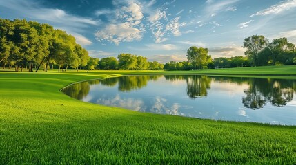 A green grass field in a public park, bordered by a small pond, with the reflection of the sky and trees in the water.