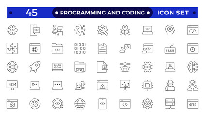 Programming coding set of web icons in line style. Software development icons for web and mobile app. Code, api, programmer, developer, information technology, coder outline icon collection.