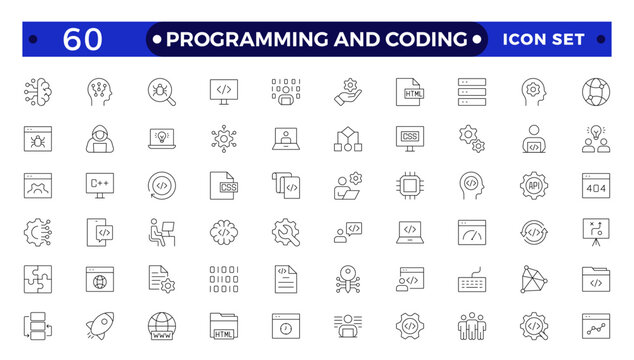Programming coding set of web icons in line style. Software development icons for web and mobile app. Code, api, programmer, developer, information technology, coder outline icon collection.