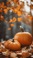 A serene autumn scene featuring several pumpkins scattered surrounded by vibrant orange and yellow leaves. Creating a warm, seasonal atmosphere. Halloween concept.