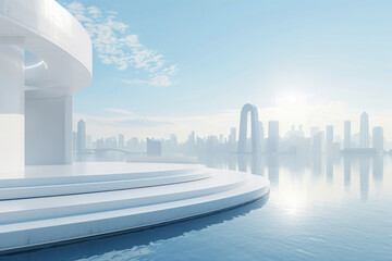 Modern buildings by the lake. The modern urban skyline is in the background.