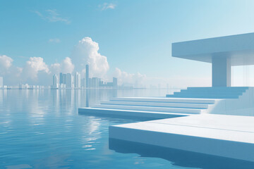 Modern buildings by the lake. The modern urban skyline is in the background.