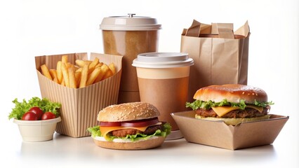 collection and delivery food background. Fast food eco packaging with tasty hamburger, french fries, paper coffee cup and soup, isolated on white or transparent background.