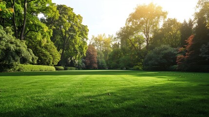 A lush green grass field in a park, surrounded by a mix of deciduous and evergreen trees, under a bright, clear sky.