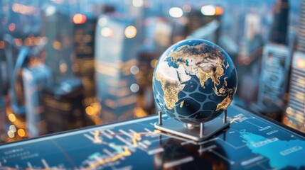 Globe on a Digital Map with Cityscape Background