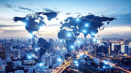 Global Connectivity - A Cityscape with World Map Overlay