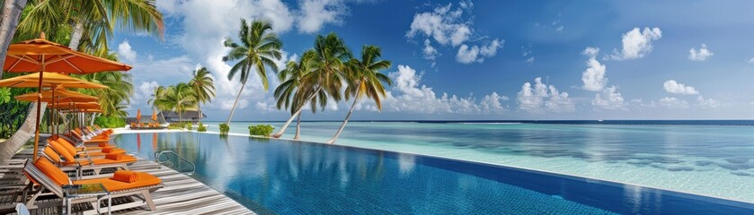 Obraz premium A tranquil beachfront scene with a stunning pool, palm trees, and lounge chairs, perfect for relaxation and vacation vibes.