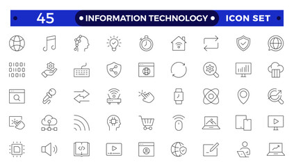 Information technology thin line icons set. Information Technology outline icon collection. Programming, Network, Website, Process, Internet, Data, Technology symbol.