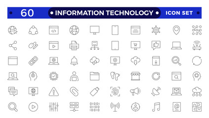 Information technology thin line icons set. Information Technology outline icon collection. Programming, Network, Website, Process, Internet, Data, Technology symbol.