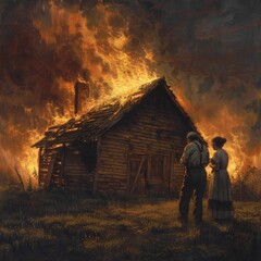 Burning private house at night. Fire.