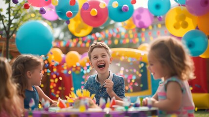 Joyful children celebrating a birthday party outdoors, surrounded by colorful balloons, decorations, and festive atmosphere.