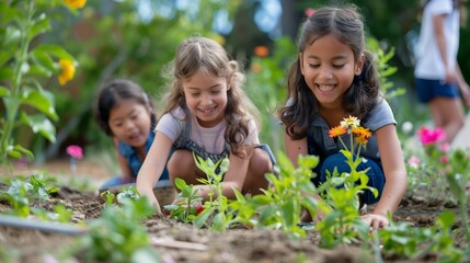 Fototapeta premium Three smiling children work together, planting and tending to flowers in a lush garden, enjoying nature and teamwork.