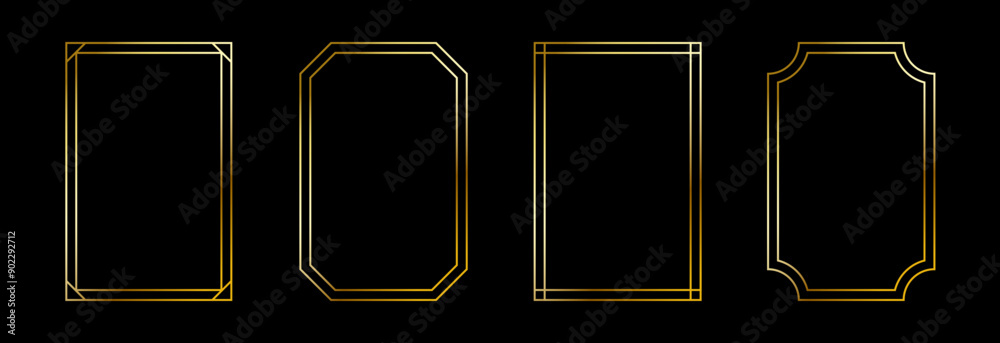 Poster Thin golden frame set. Gold rectangular border collection in art deco style. Thin linear shining rectangle shape bundle. Metal glowing shiny boarder element pack for photo, cadre, poster, card. Vector