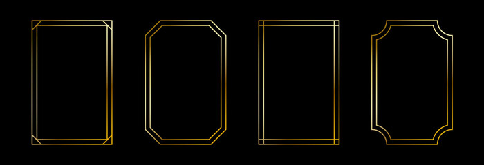 Thin golden frame set. Gold rectangular border collection in art deco style. Thin linear shining rectangle shape bundle. Metal glowing shiny boarder element pack for photo, cadre, poster, card. Vector