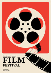 Movie and film festival poster template design. Film reel and filmstrip vintage retro style