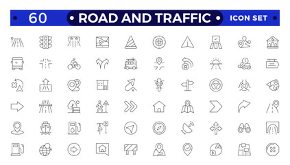 Road and traffic signs outline icon. Collection of warning, mandatory, prohibition and information traffic Street, transport, fuel, vehicle, location, car service icons. Traffic signs collection.