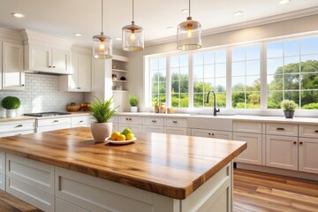 Fototapeta premium Empty kitchen counter and bright interior background with natural light, providing ample copy space for playful, fun, and romantic moments, perfect for advertisements.