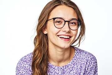 Obraz premium Happy young woman wearing glasses and a purple patterned shirt