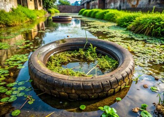 Discarded tire, overgrown with weeds, filled with stagnant water, potential breeding site for mosquito larvae, highlighting dengue fever risk in forgotten urban spaces.