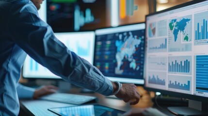 Obraz premium Businessman Analyzing Data on Multiple Screens