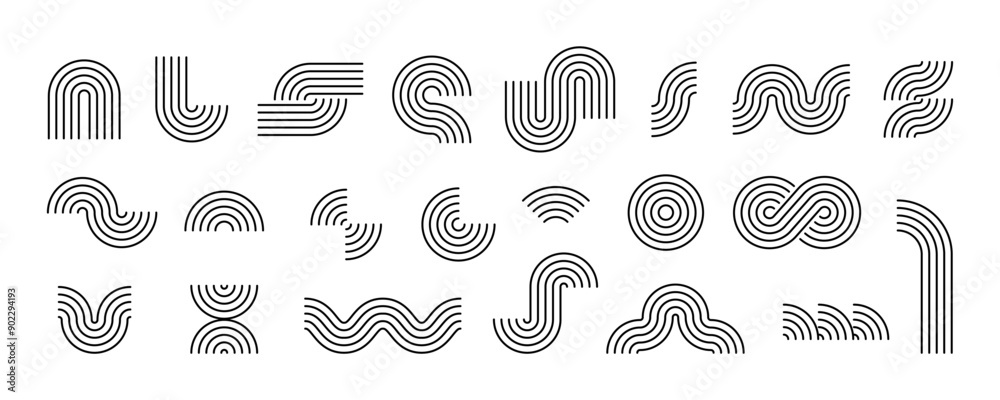 Poster black boho style geometric shape set. mid century curves, waves and arches collection. decorative li